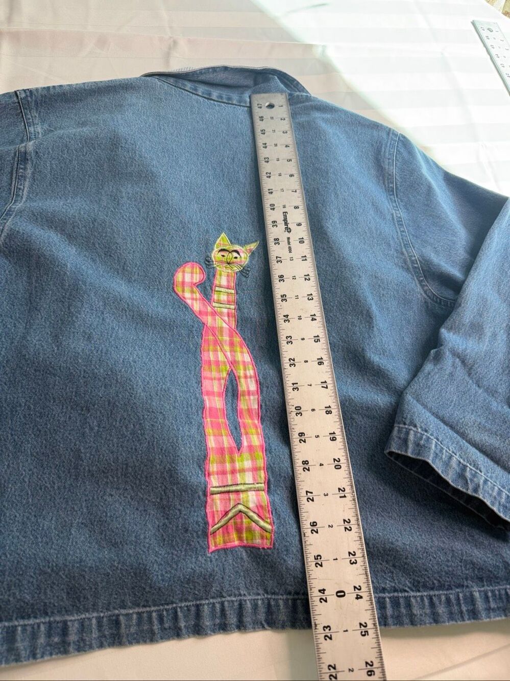 Tantrums Vintage Denim Jacket Cat Appliqué Embroidered Art to Wear Size XL - Picture 9 of 9
